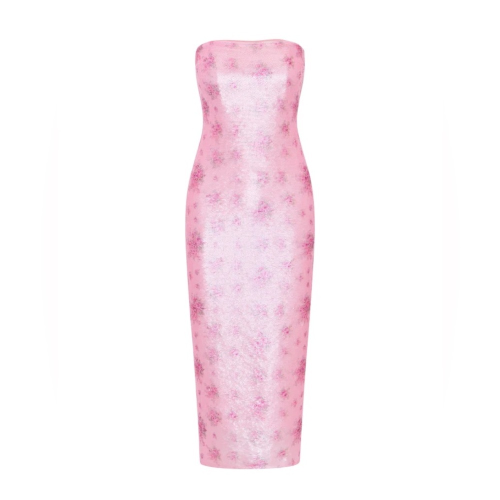 LoveShackFancy Strapless Pink Floral Midi Dress